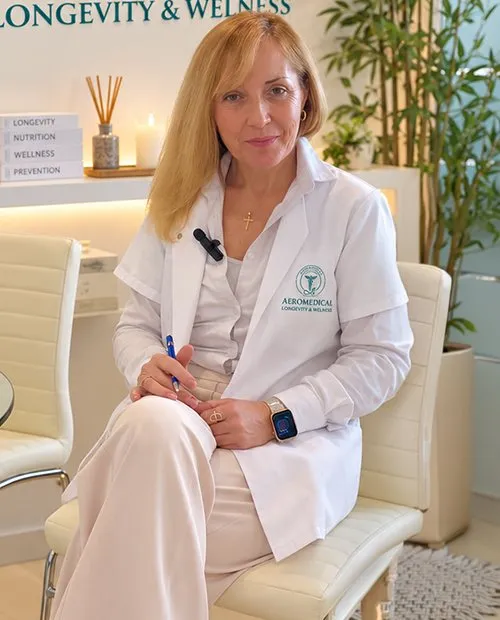La Dra. Mónica Fortea, con bata blanca, sentada en la consulta de Aero Longevity