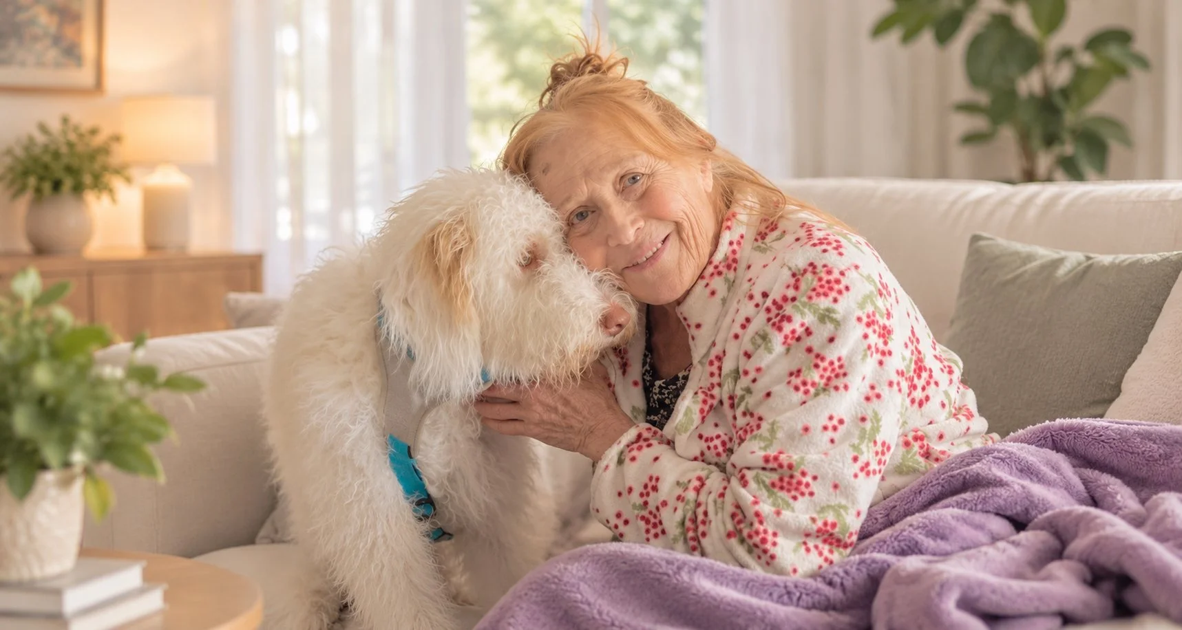 Mujer mayor abrazando a su perro en el sofá de casa