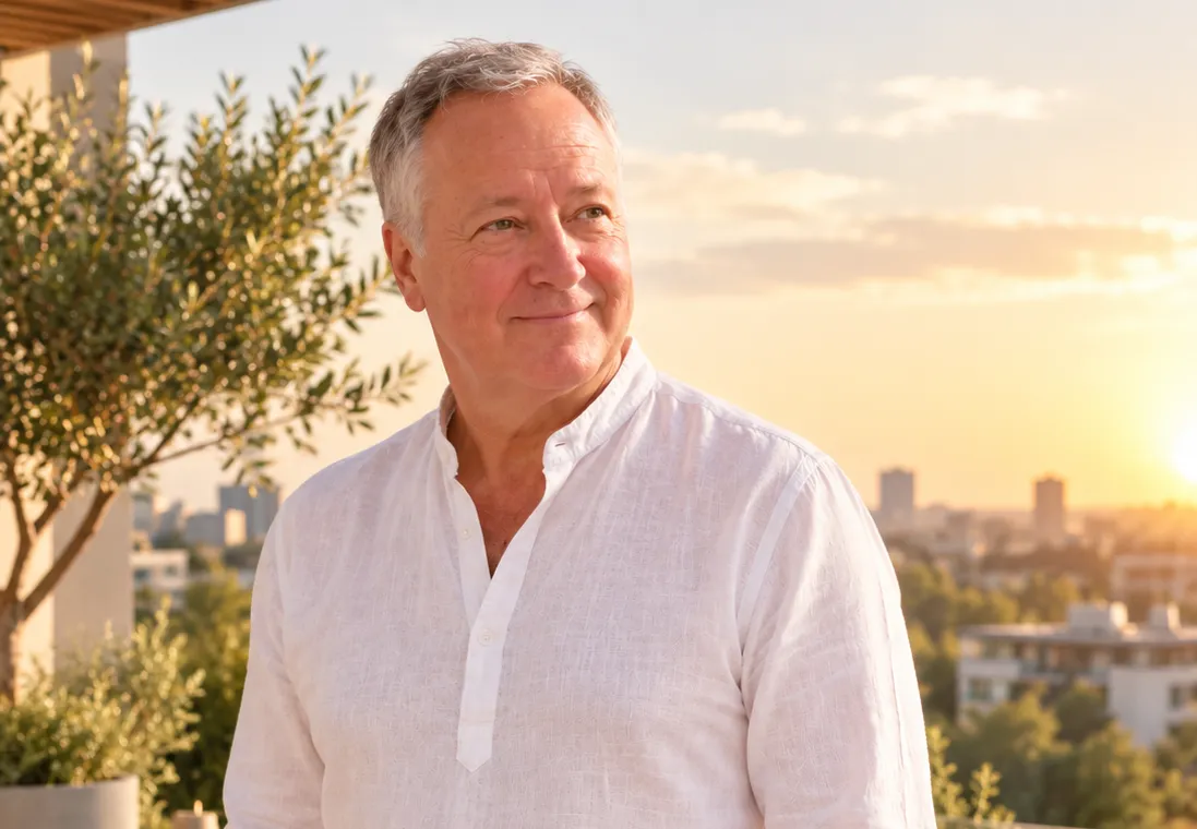 Hombre sonriente en una terraza con la ciudad al atardecer de fondo