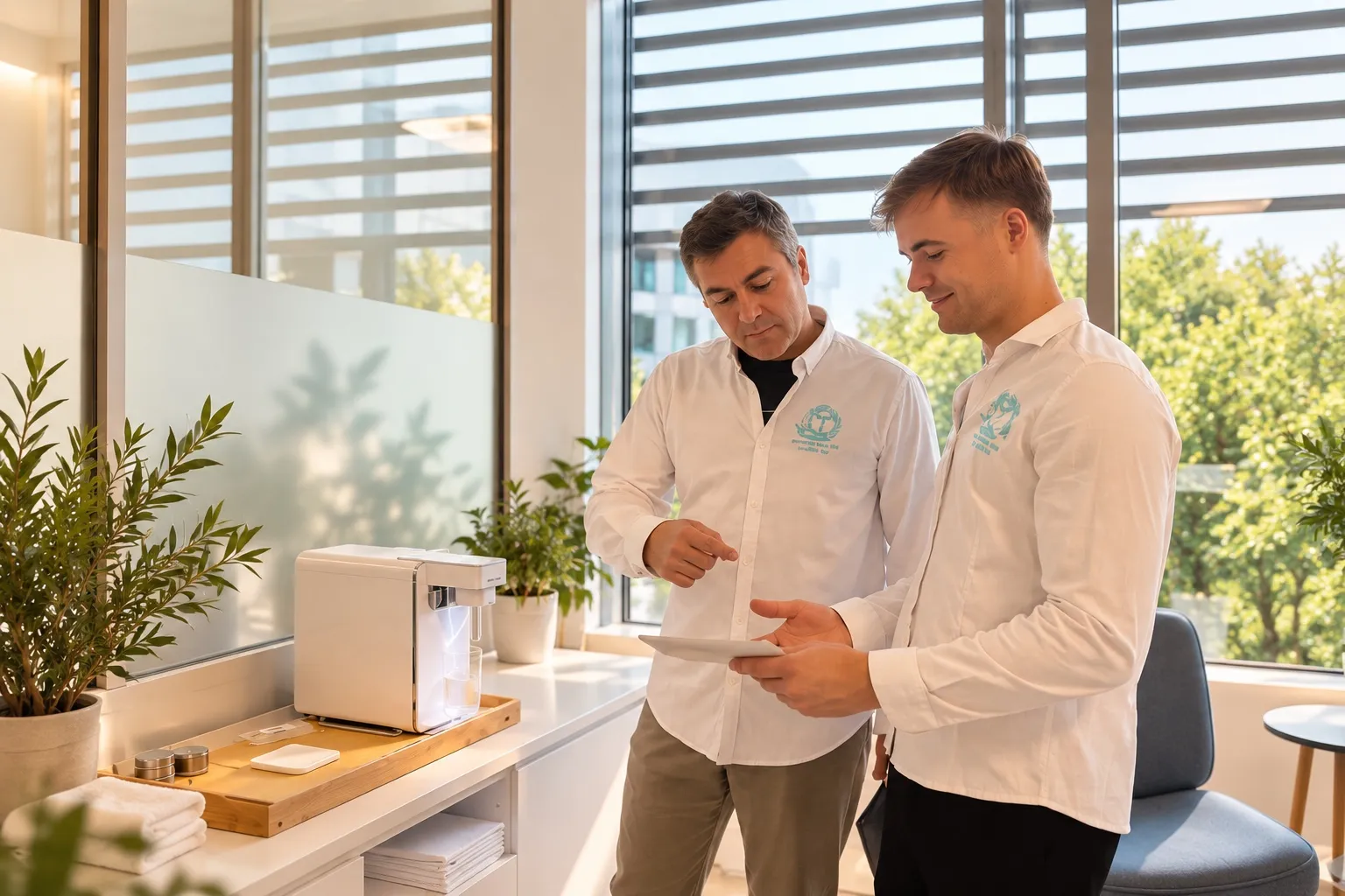 Dos profesionales del centro junto al equipo Oxytap en una sala luminosa
