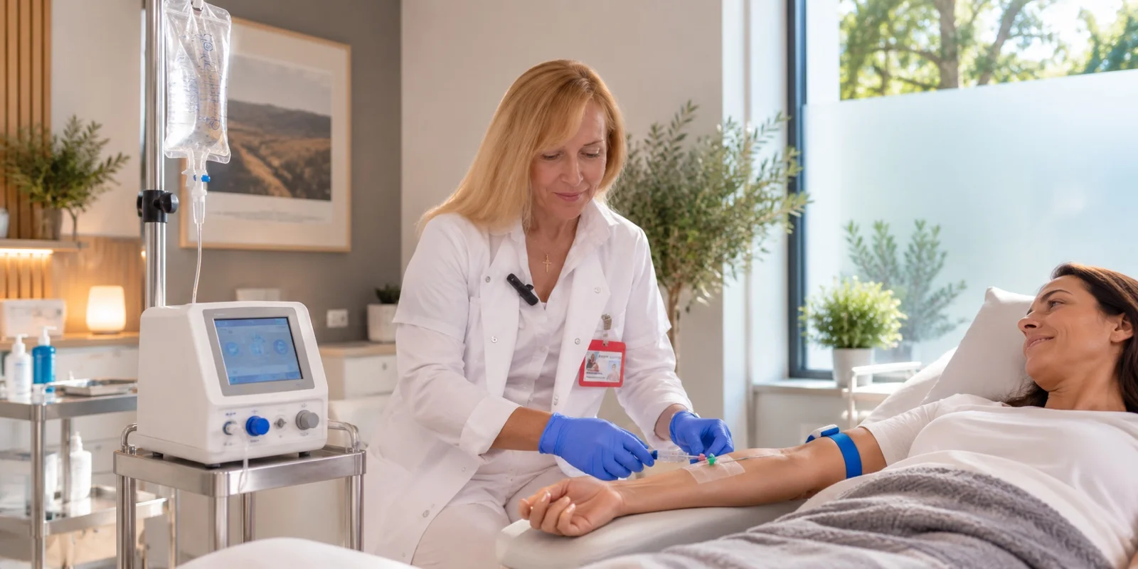 Doctora preparando un tratamiento endovenoso a una paciente recostada en la camilla