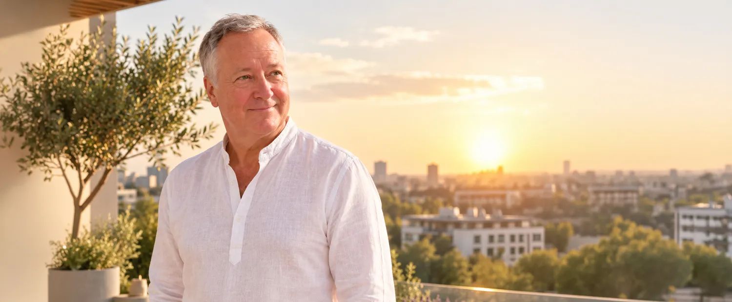 Hombre sonriente en una terraza con la ciudad al atardecer de fondo
