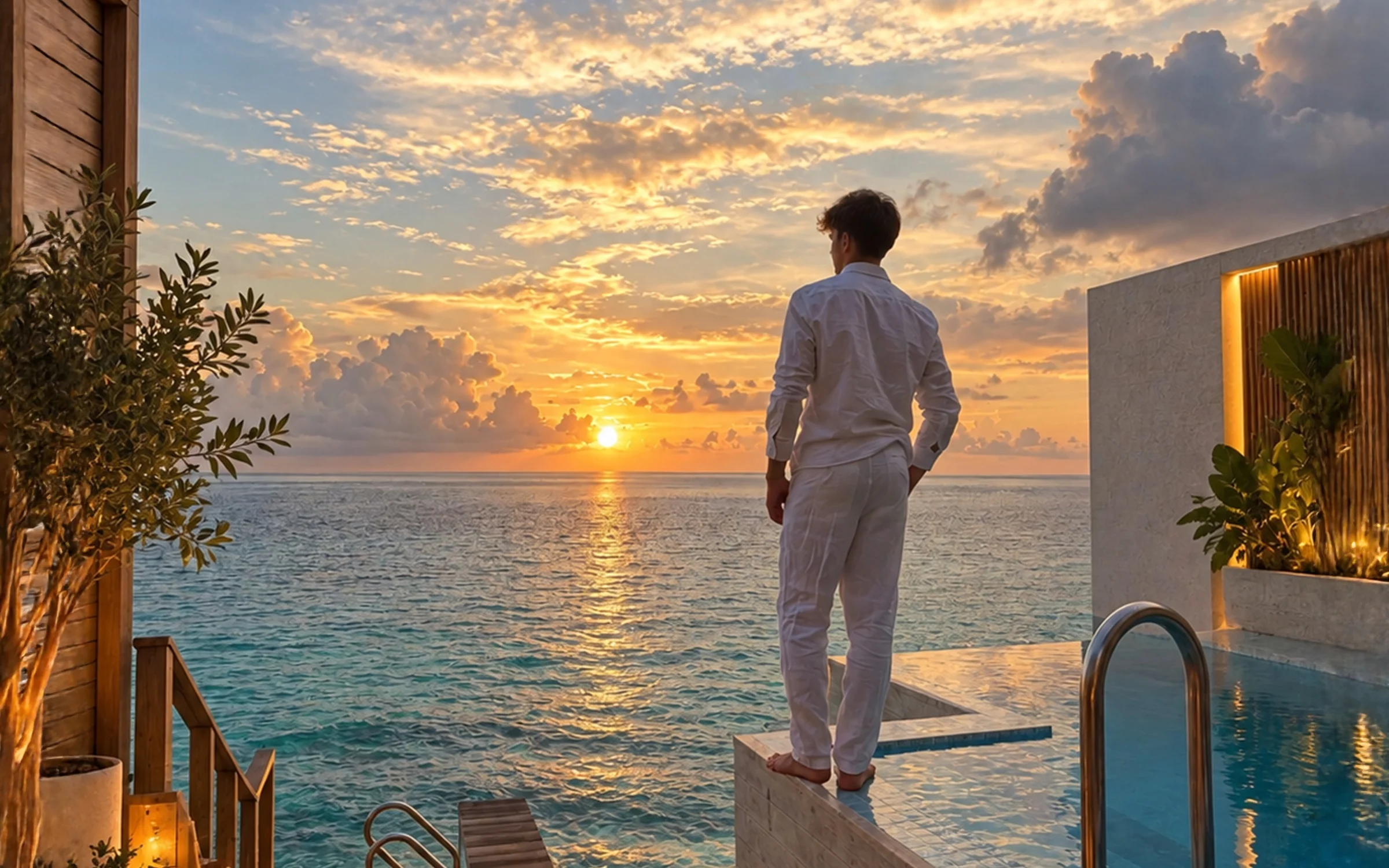 Hombre vestido de blanco de pie junto a una piscina frente al mar, mirando la puesta de sol