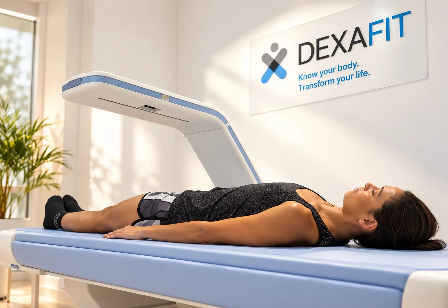 Mujer tumbada en la camilla del escáner DEXA durante una evaluación DEXAFIT