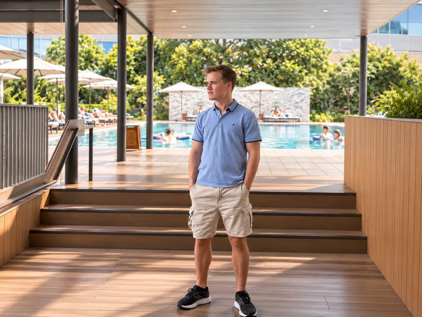 Joven con polo azul de pie en la terraza de un resort, con la piscina al fondo